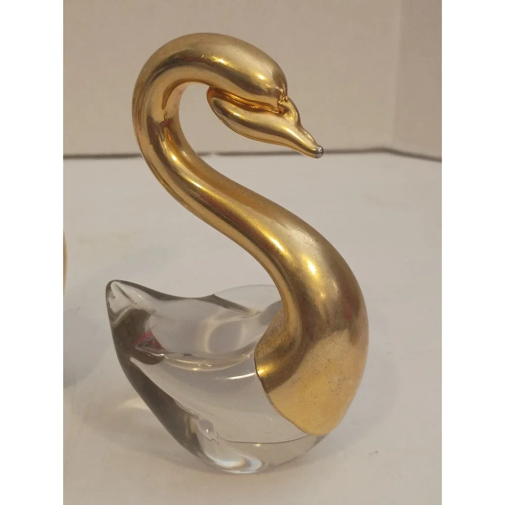 Vintage Art Glass Swan Figurines Gold Tone Metal Neck Set of 2 Mid Century Decor
